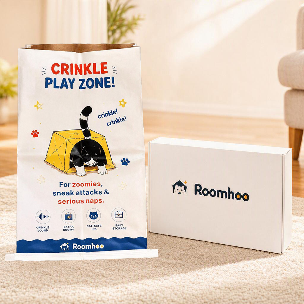 Roomhoo Cat Hideout Paper Bag beside its branded packaging